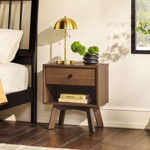 Mid-Century Modern 1-Drawer Nightstand - Mocha - Mahovastore