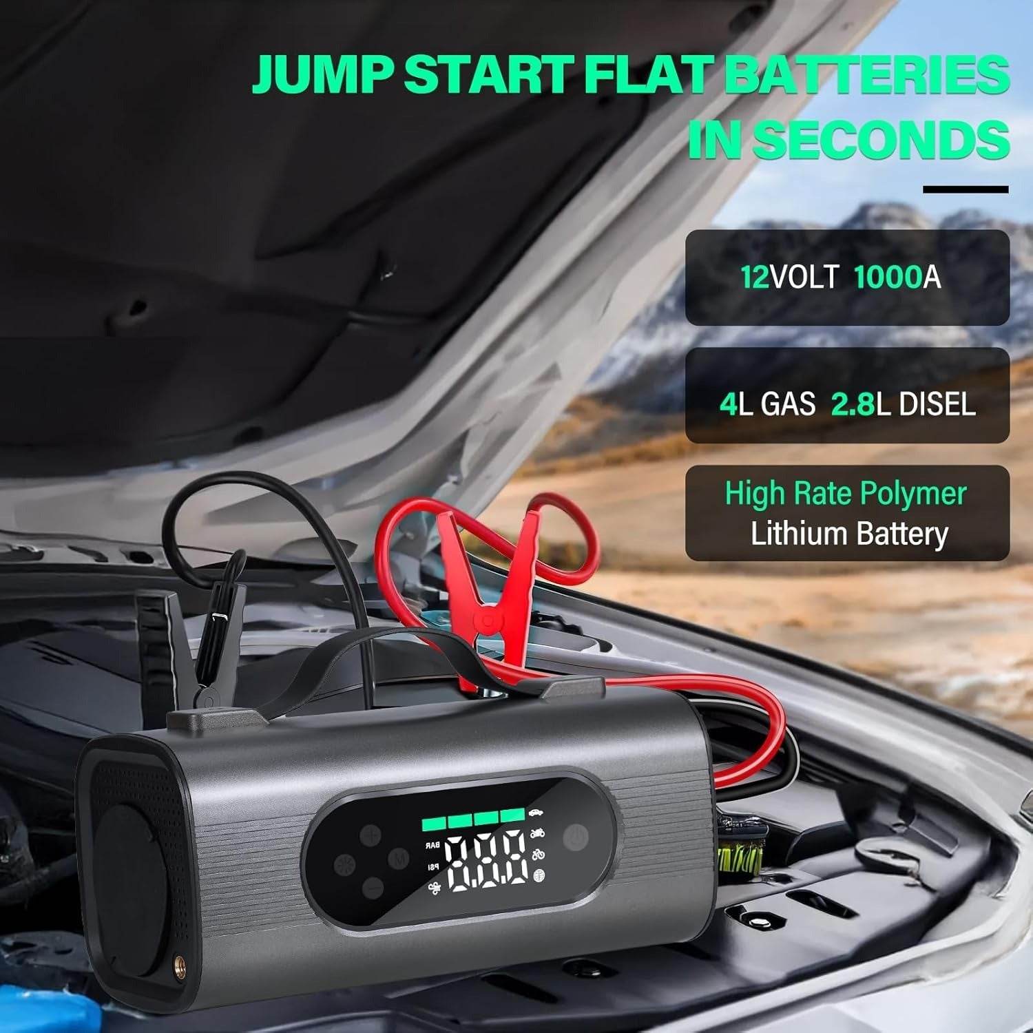 Portable Car Jump Starter with Air Compressor – 8-in-1 Kit - Mahovastore