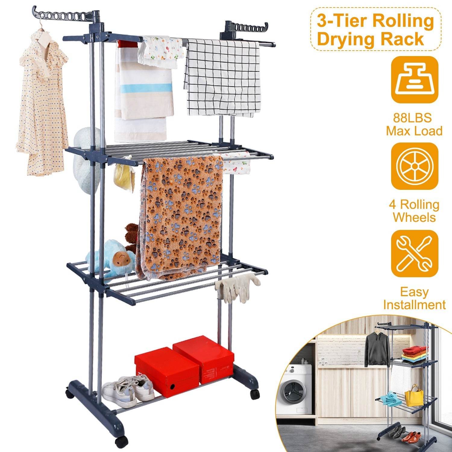 3-Tier Rolling Clothes Drying Rack - Mahovastore