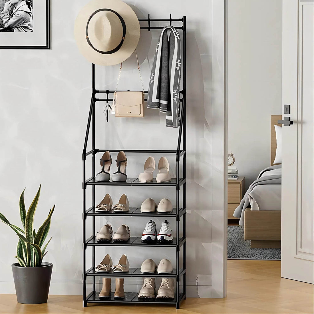 5-Tier Entryway Shoe Rack with Hooks – Stylish & Space-Saving - Mahovastore