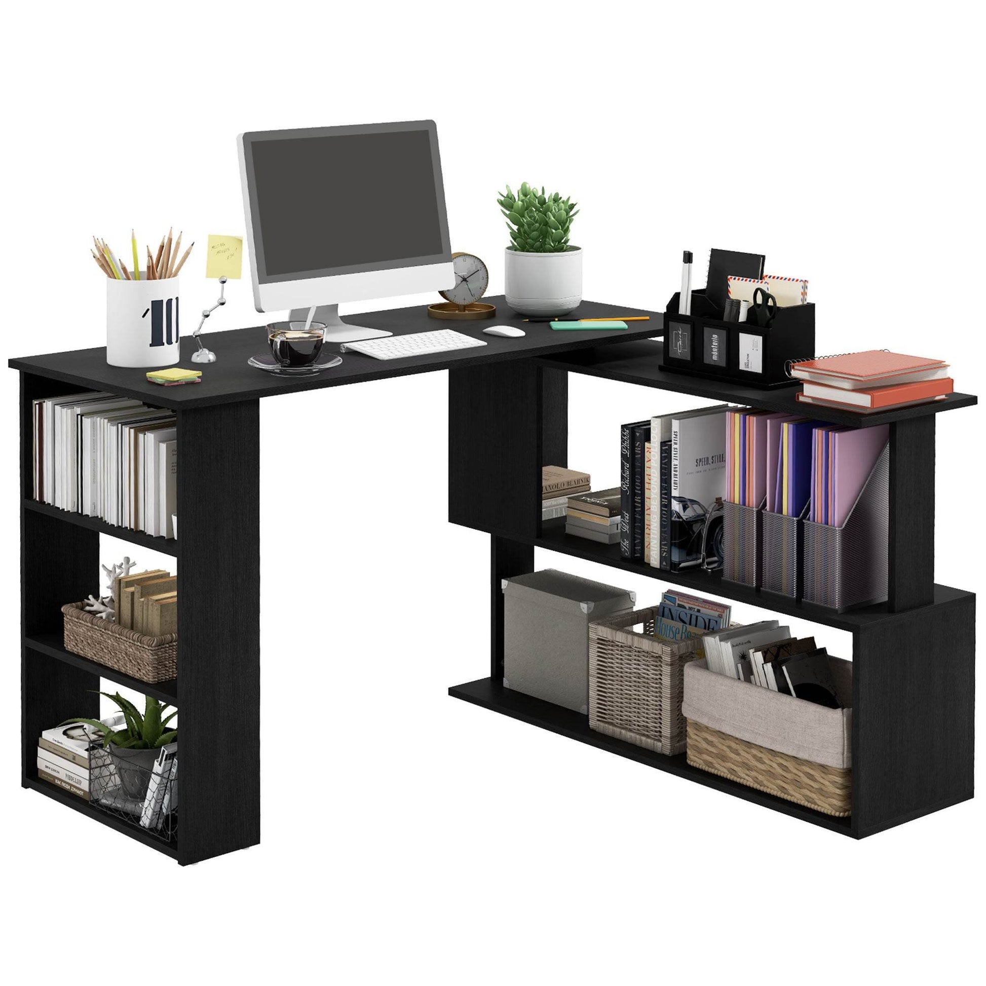 Black L-Shaped Corner Computer Desk - Computer Desktop Shelf - Mahovastore