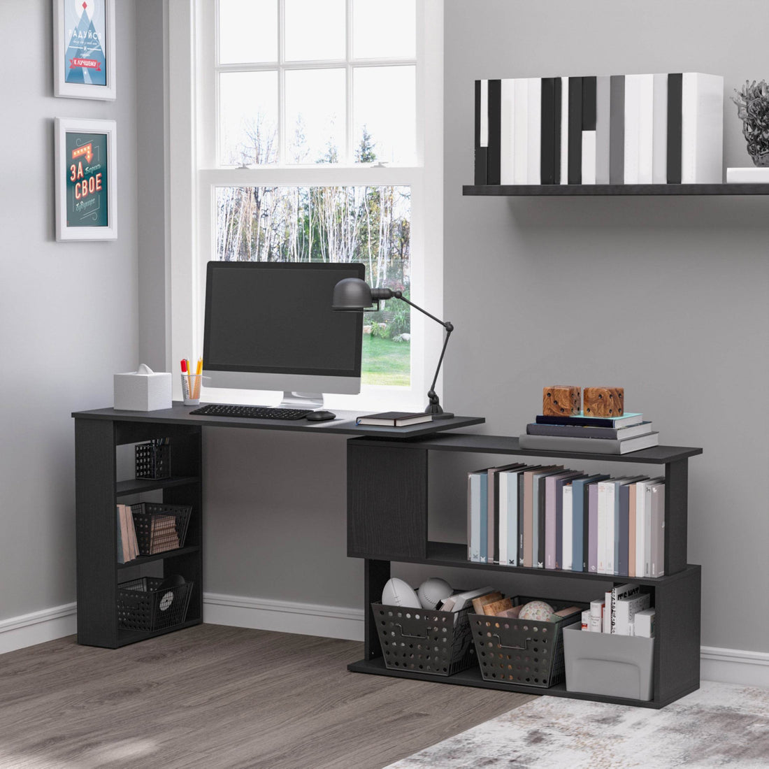 Black L-Shaped Corner Computer Desk - Computer Desktop Shelf - Mahovastore