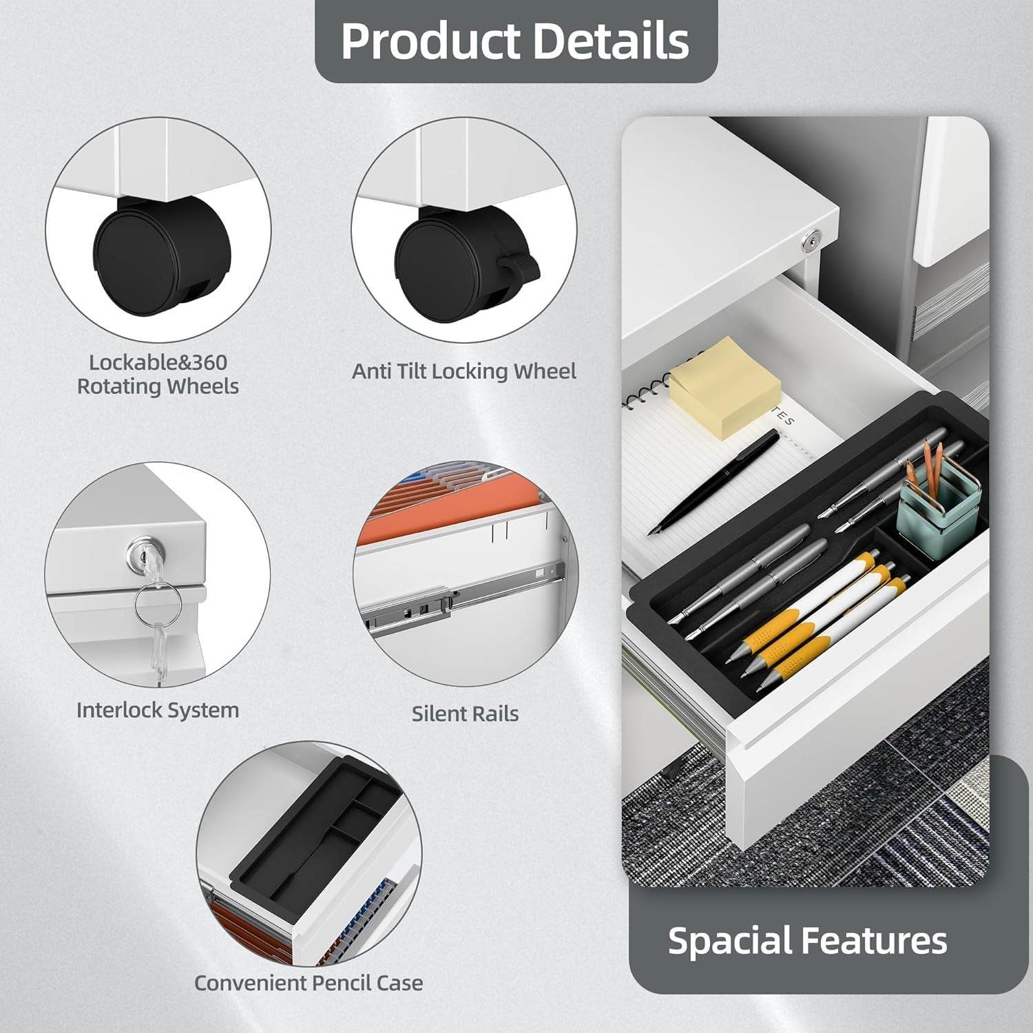 Drawer Under Desk Mobile File Cabinet with Lock - Mahovastore